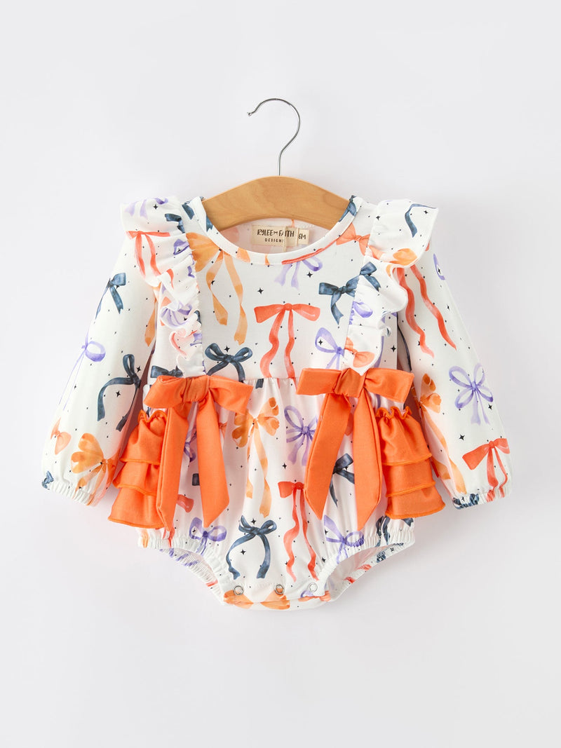 Halloween Bow Print Girls Romper Ruffle Bow Long Sleeve - 6