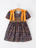 Fall Orange Bow Smocked Floral Girl Dress - 1