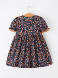 Fall Orange Bow Smocked Floral Girl Dress - 2
