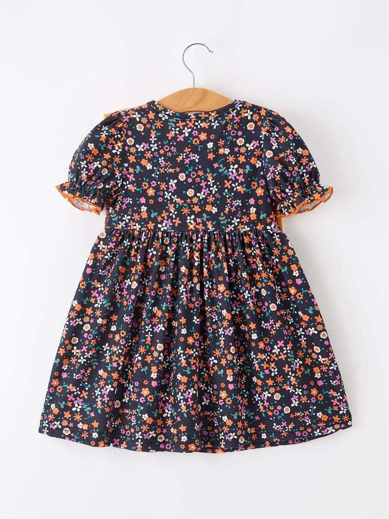 Fall Orange Bow Smocked Floral Girl Dress - 2