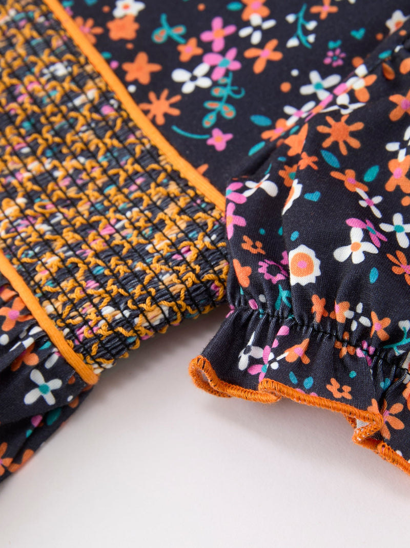 Fall Orange Bow Smocked Floral Girl Dress - 4