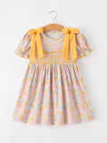 Yellow Bow Smocked Floral Girl Dress - 1