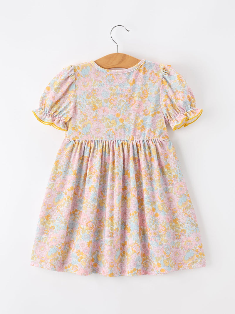 Yellow Bow Smocked Floral Girl Dress - 2