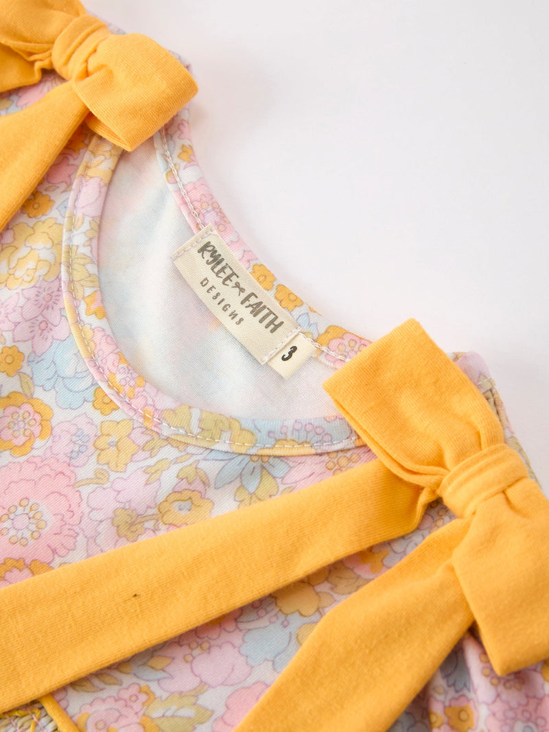 Yellow Bow Smocked Floral Girl Dress - 5