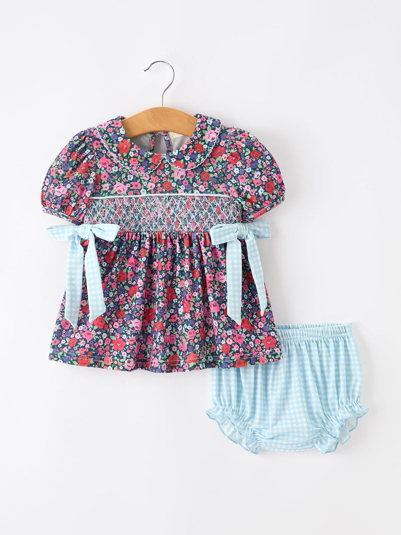 Blue Bow Floral Smocked Girl Bloomer Set - 1