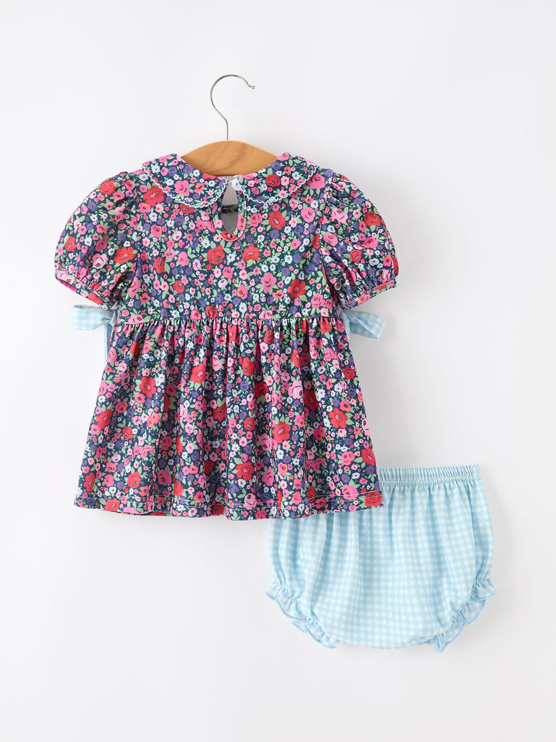 Blue Bow Floral Smocked Girl Bloomer Set - 2