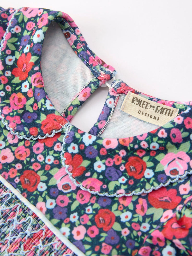 Blue Bow Floral Smocked Girl Bloomer Set - 4