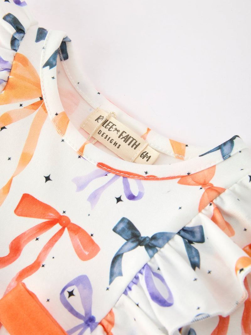 Halloween Bow Print Girls Romper Ruffle Bow Long Sleeve - 8