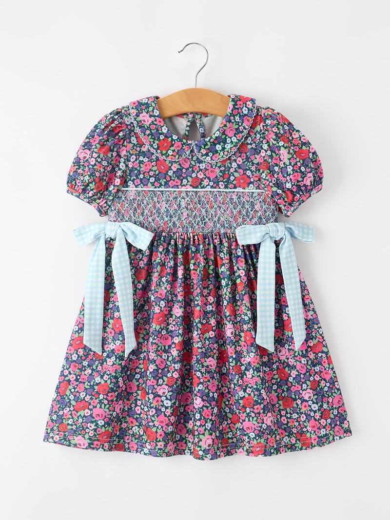 Blue Bow Smocked Floral Girl Dress - 1