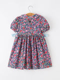 Blue Bow Smocked Floral Girl Dress - 2