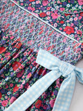 Blue Bow Smocked Floral Girl Dress - 3