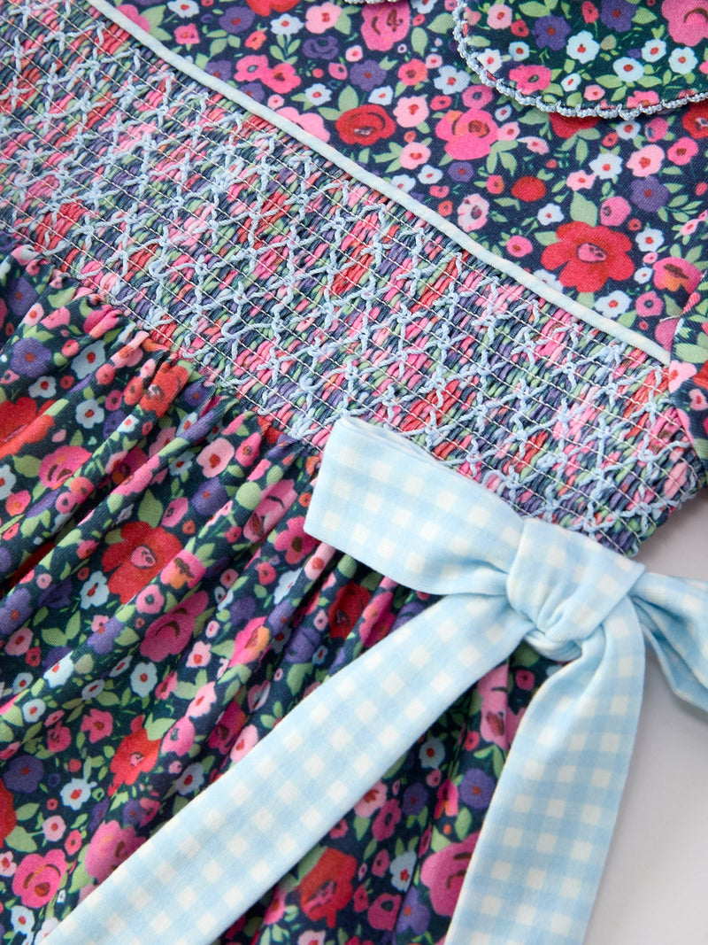Blue Bow Smocked Floral Girl Dress - 3