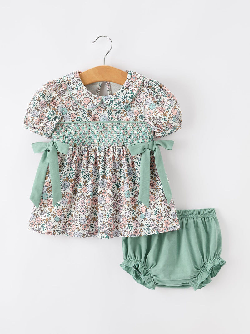 Sage Green Floral Smocked Girl Bloomer Set - 7