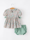 Sage Green Floral Smocked Girl Bloomer Set - 8