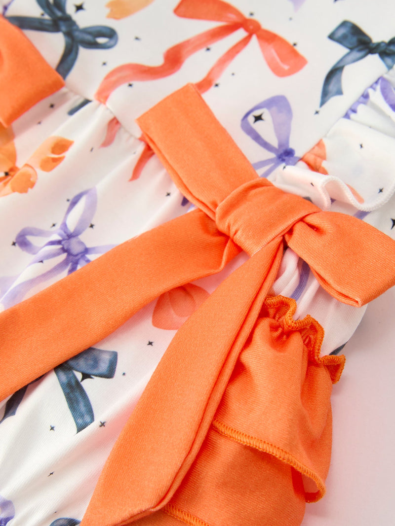 Halloween Bow Print Girls Romper Ruffle Bow Long Sleeve - 9