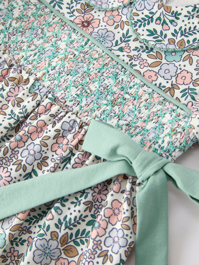 Sage Green Floral Smocked Girl Bloomer Set - 9