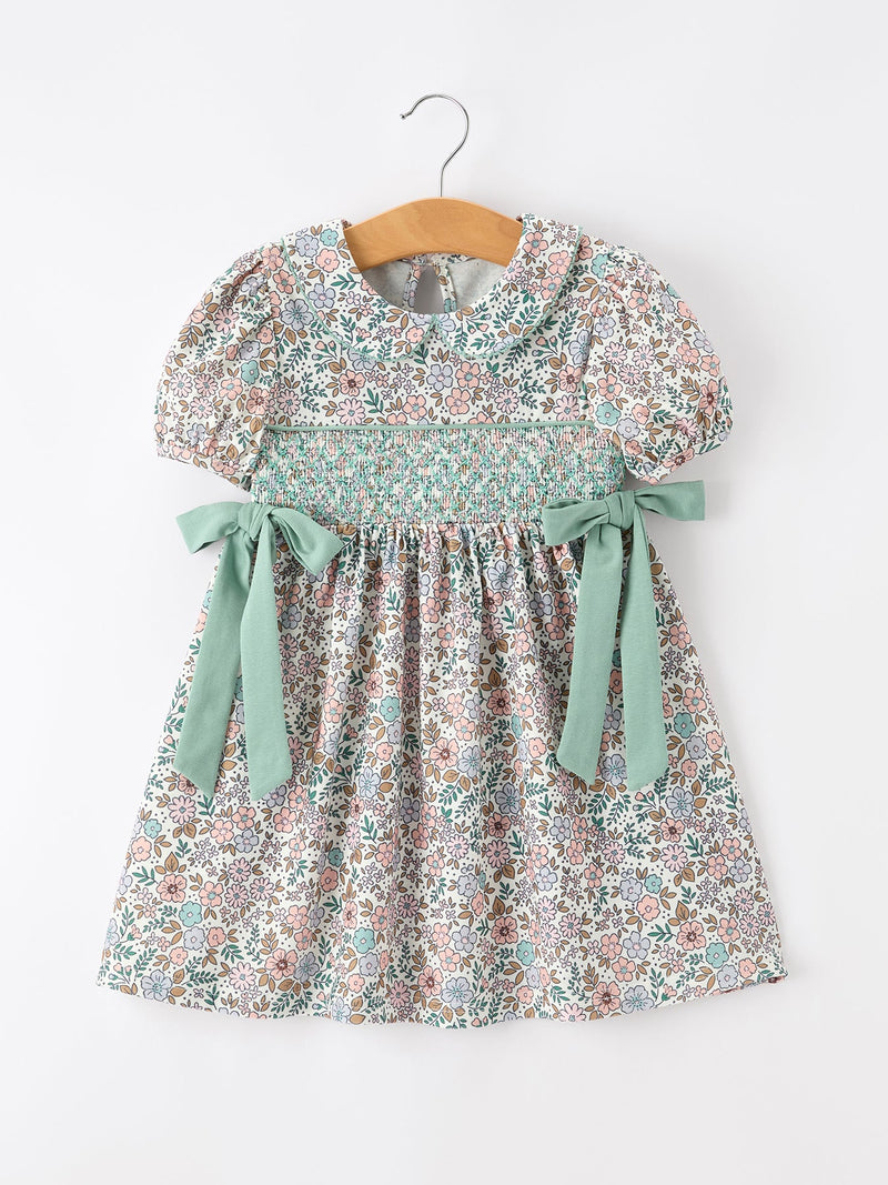 Sage Green Bow Floral Smocked Girl Dress - 1