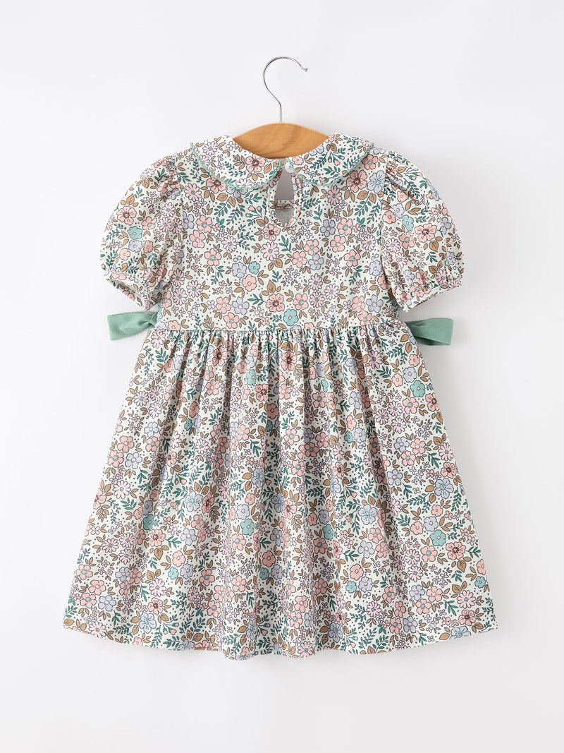 Sage Green Bow Floral Smocked Girl Dress - 2