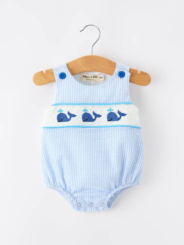 Summer Whale Embroidery Baby Boys Jonjon Stripe Romper