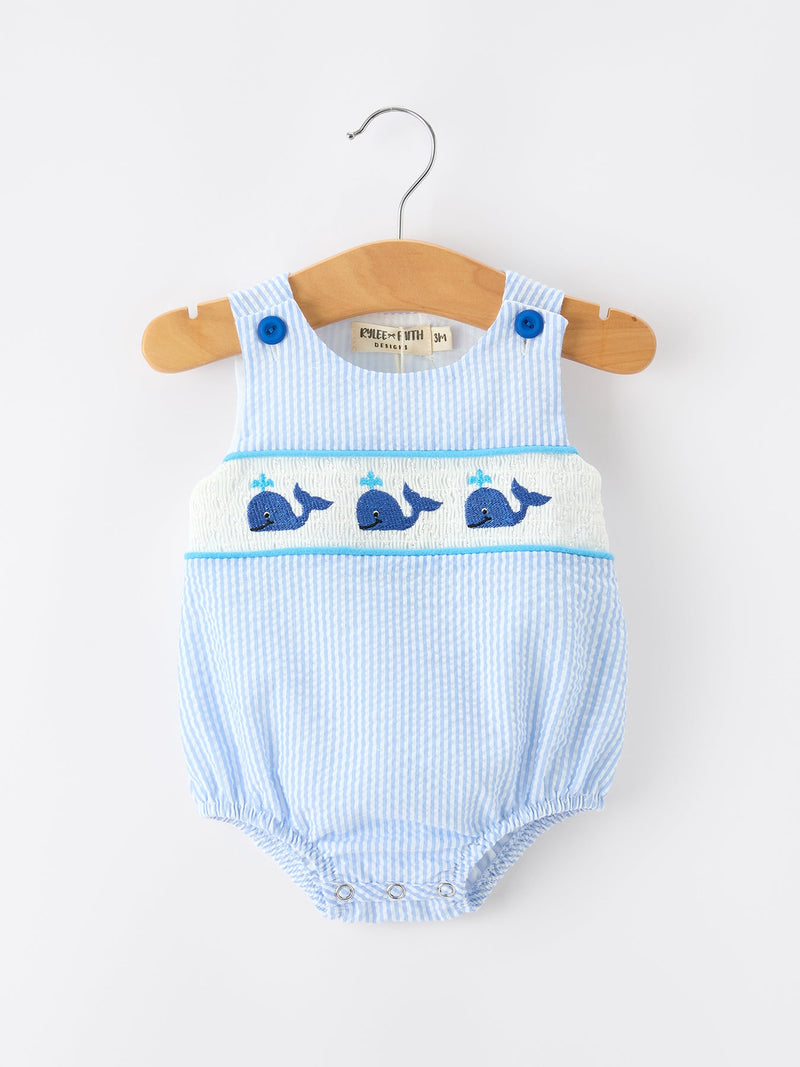Summer Whale Embroidery Baby Boys Jonjon Stripe Romper - 4