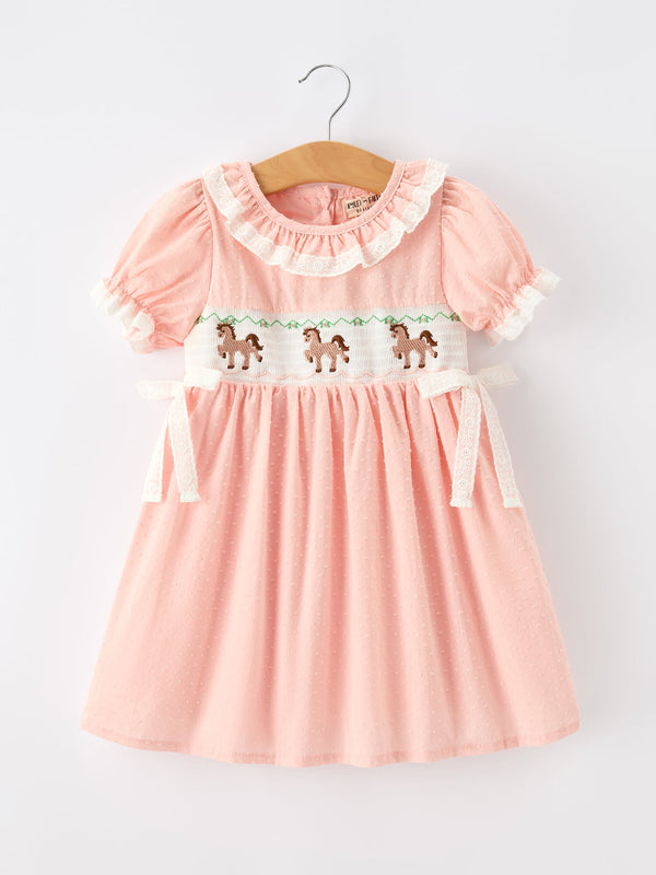 Girls Smocked Horse Embroidery Puff Sleeve Dress