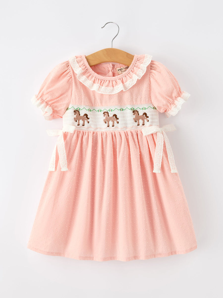 Girls Smocked Horse Embroidery Puff Sleeve Dress