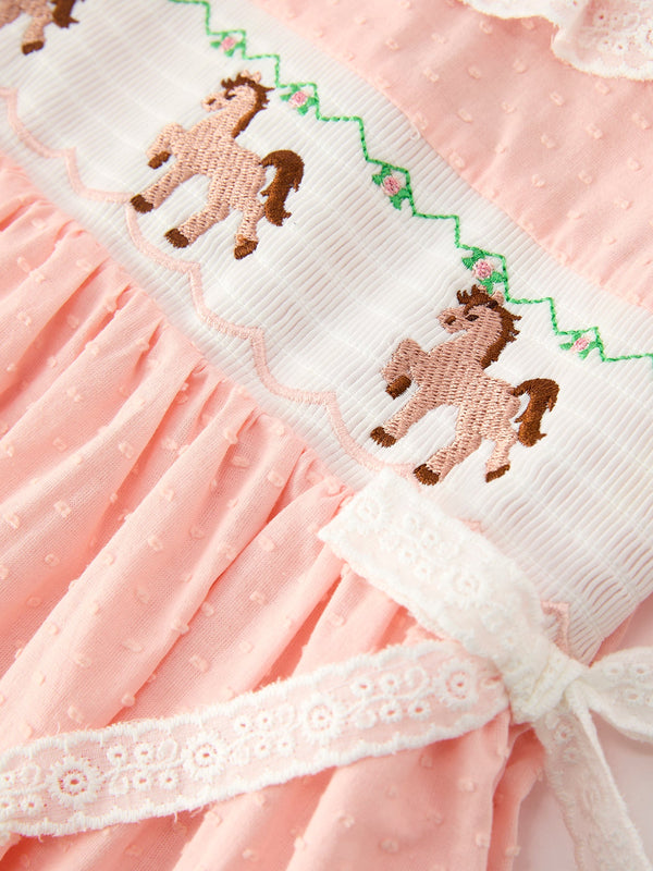 Girls Smocked Horse Embroidery Puff Sleeve Dress