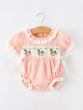 Western Horse Embroidery Girls Romper Lace Petals Collar Puff Sleeve - 6