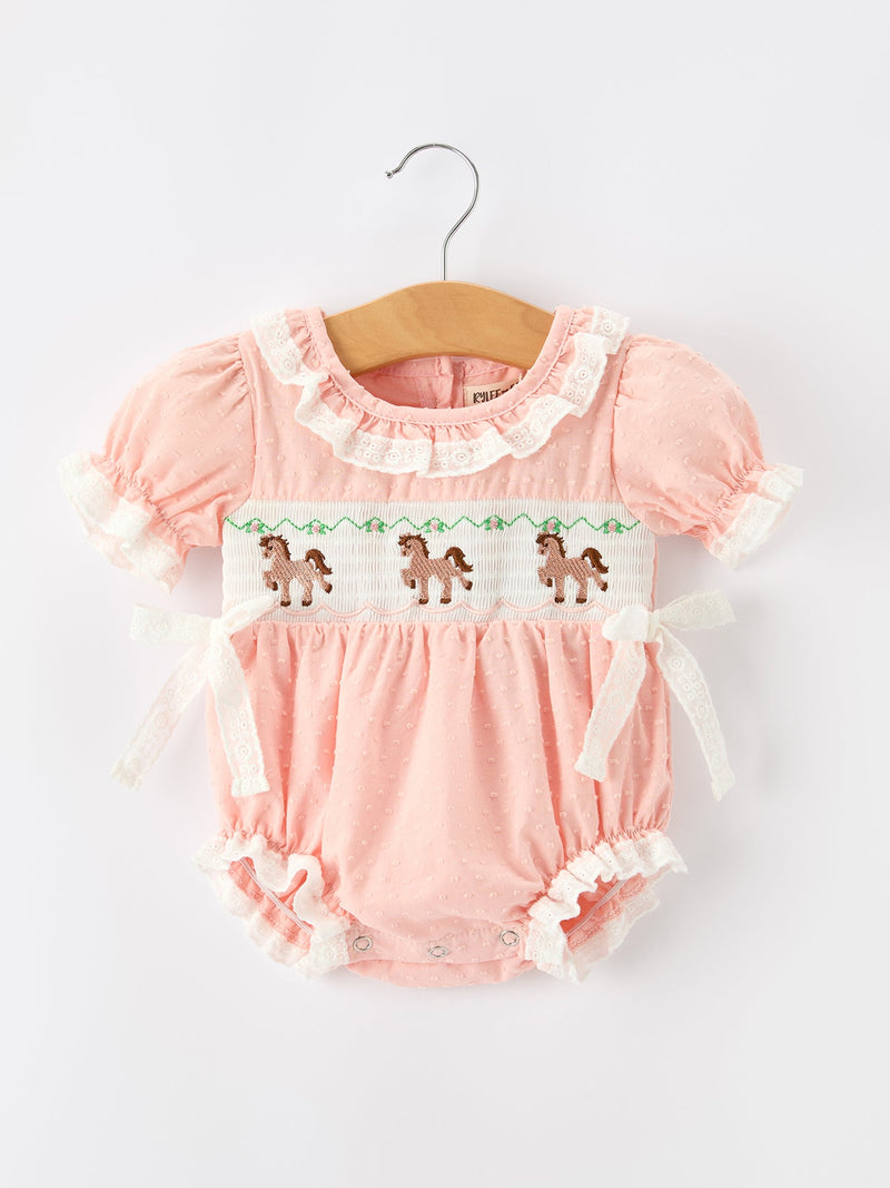 Western Horse Embroidery Girls Romper Lace Petals Collar Puff Sleeve - 6