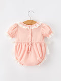 Western Horse Embroidery Girls Romper Lace Petals Collar Puff Sleeve - 7