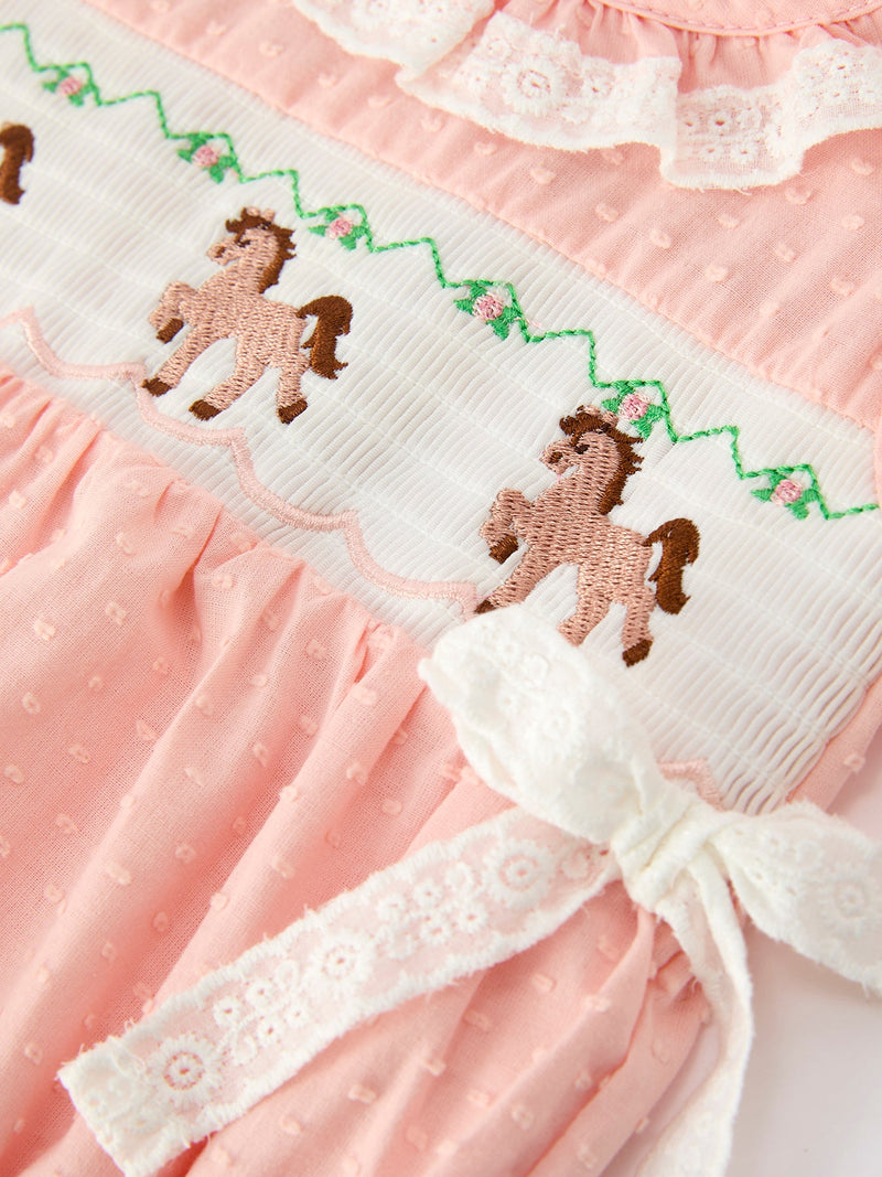 Western Horse Embroidery Girls Romper Lace Petals Collar Puff Sleeve - 8