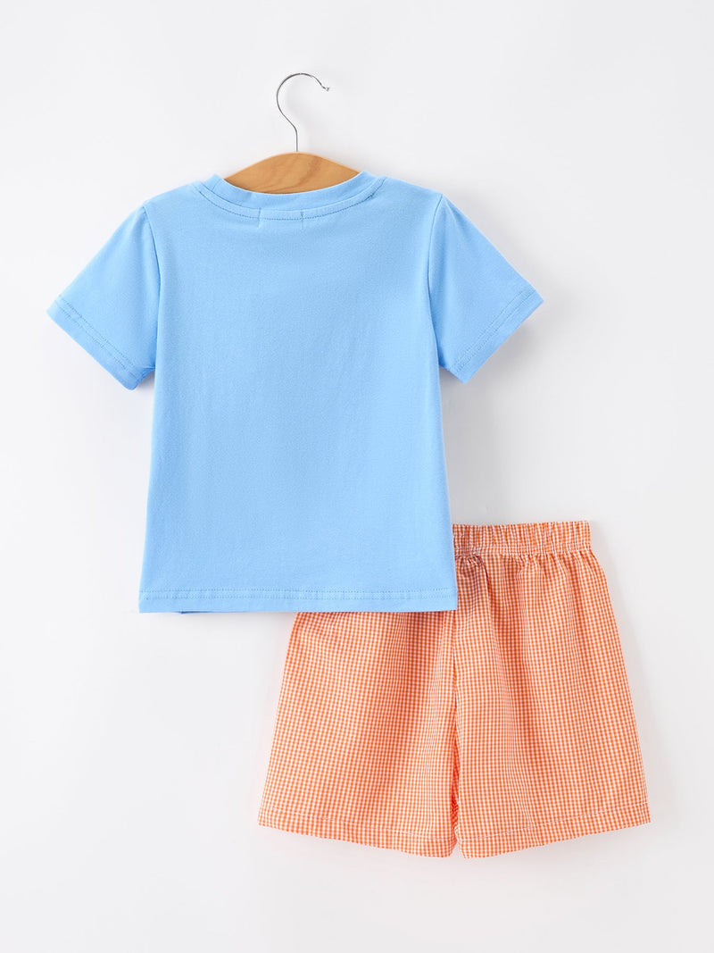 Summer Whale Embroidery Boys Set T Shirt Plaid Shorts Outfit - 2