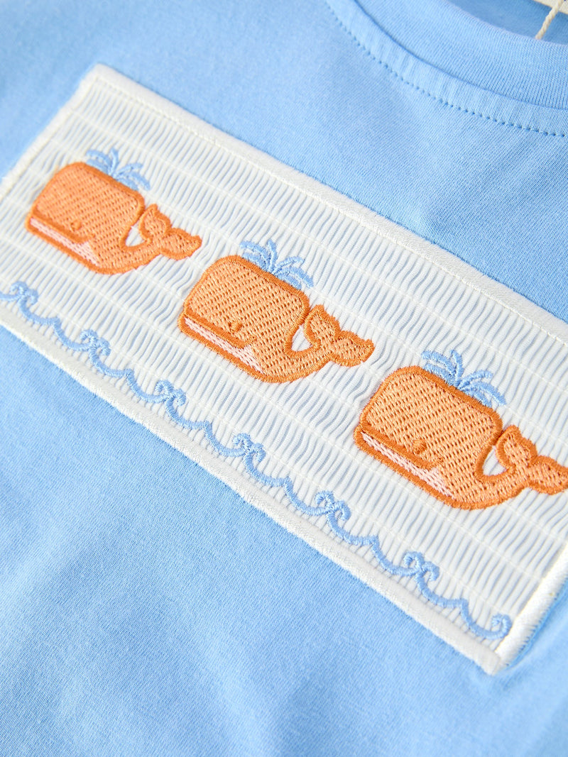 Summer Whale Embroidery Boys Set T Shirt Plaid Shorts Outfit - 4