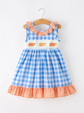 Summer Whale Embroidery Girls Dress Plaid Ruffle Collar - 1