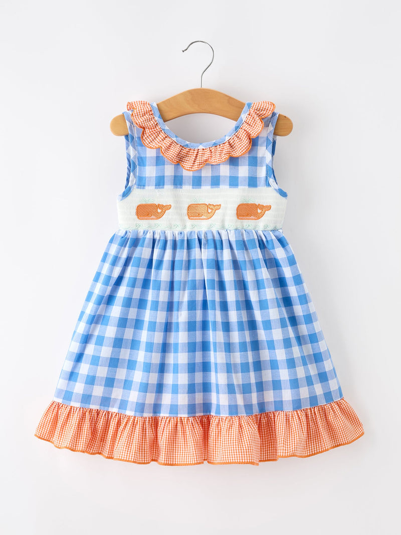 Summer Whale Embroidery Girls Dress Plaid Ruffle Collar - 1