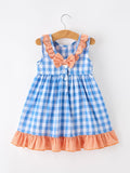 Summer Whale Embroidery Girls Dress Plaid Ruffle Collar - 2