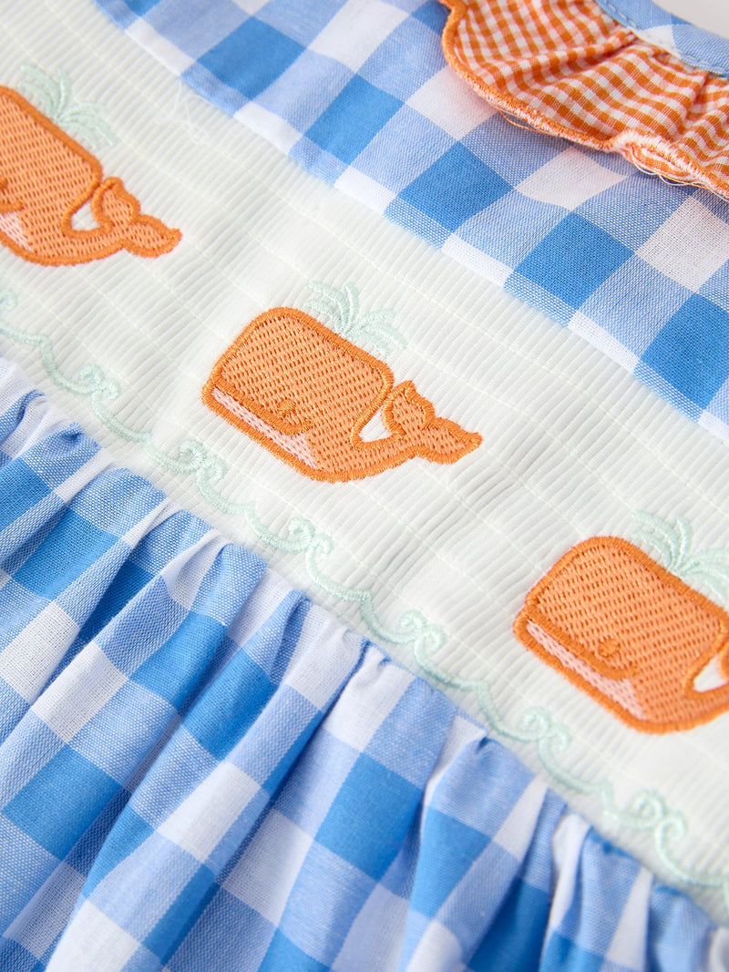 Summer Whale Embroidery Girls Dress Plaid Ruffle Collar - 3