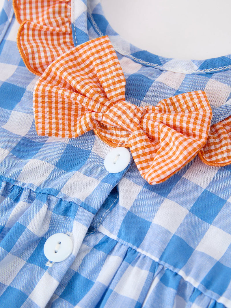 Summer Whale Embroidery Girls Dress Plaid Ruffle Collar - 5
