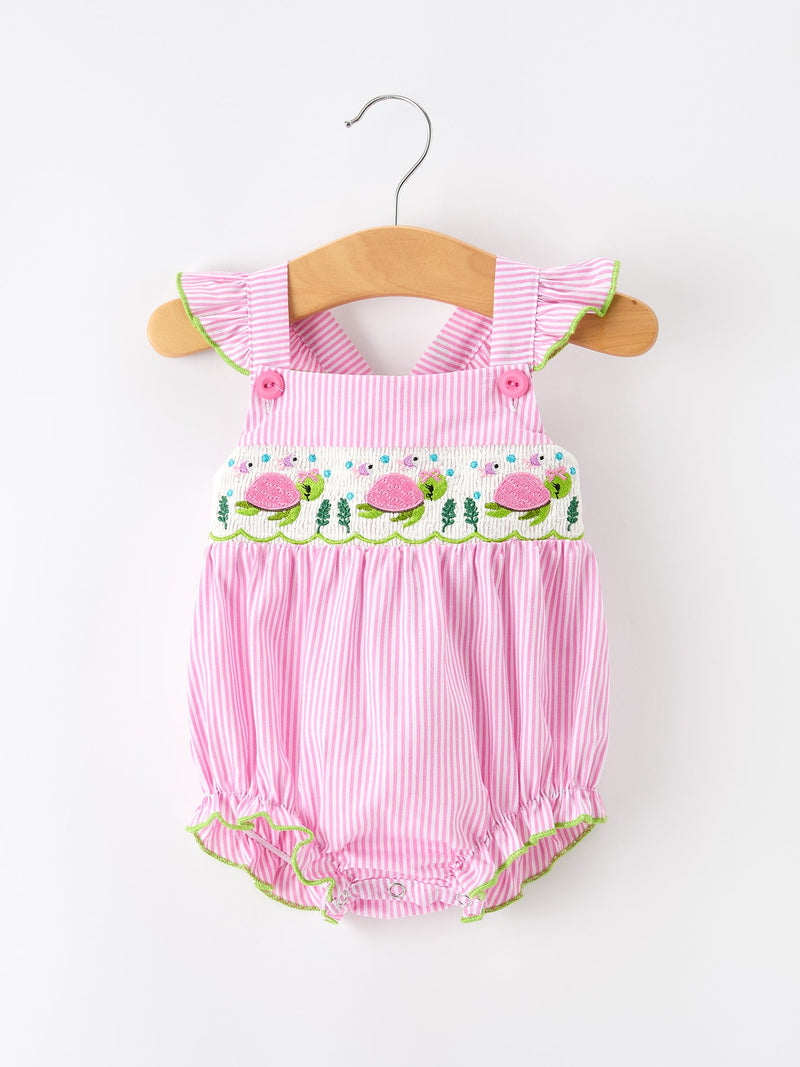 Turtle Girls Romper Pink Stripe Ruffle Strap Smocked - 5