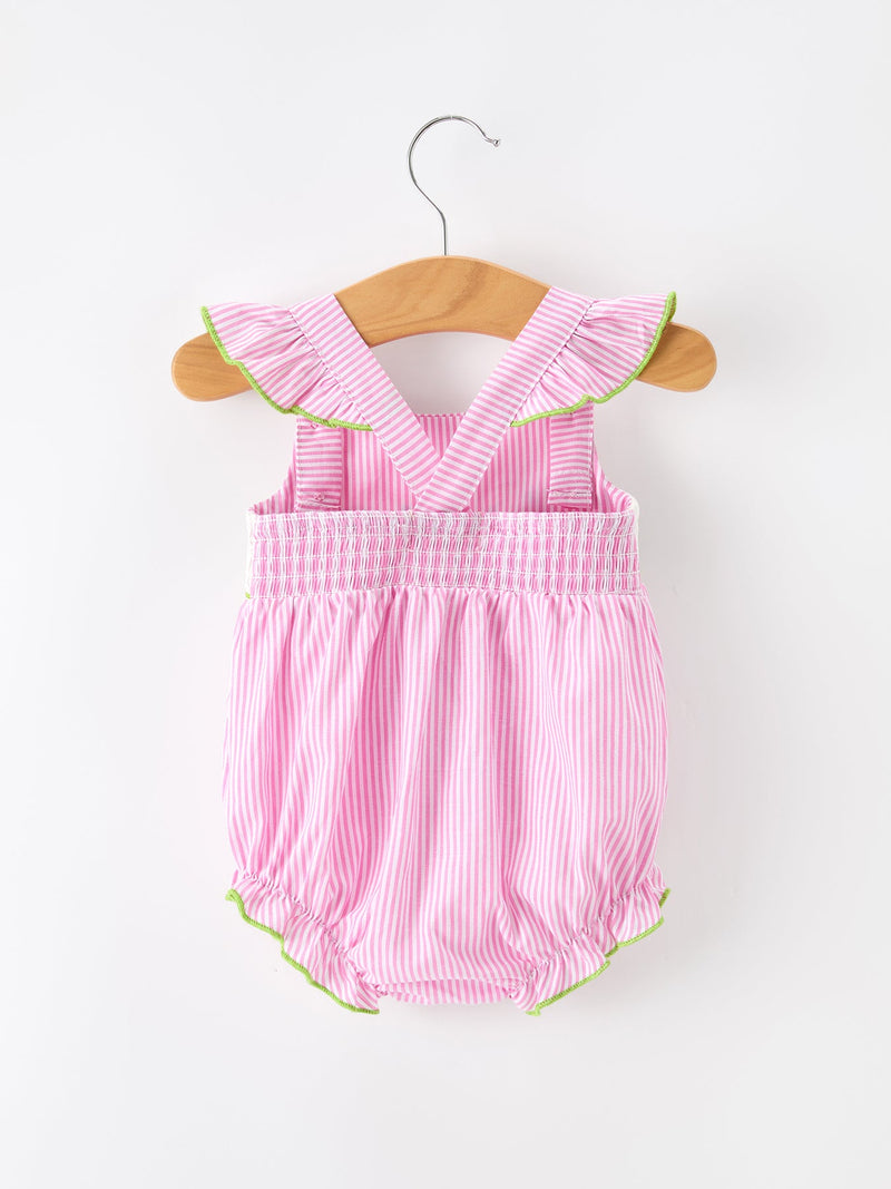 Turtle Girls Romper Pink Stripe Ruffle Strap Smocked - 6