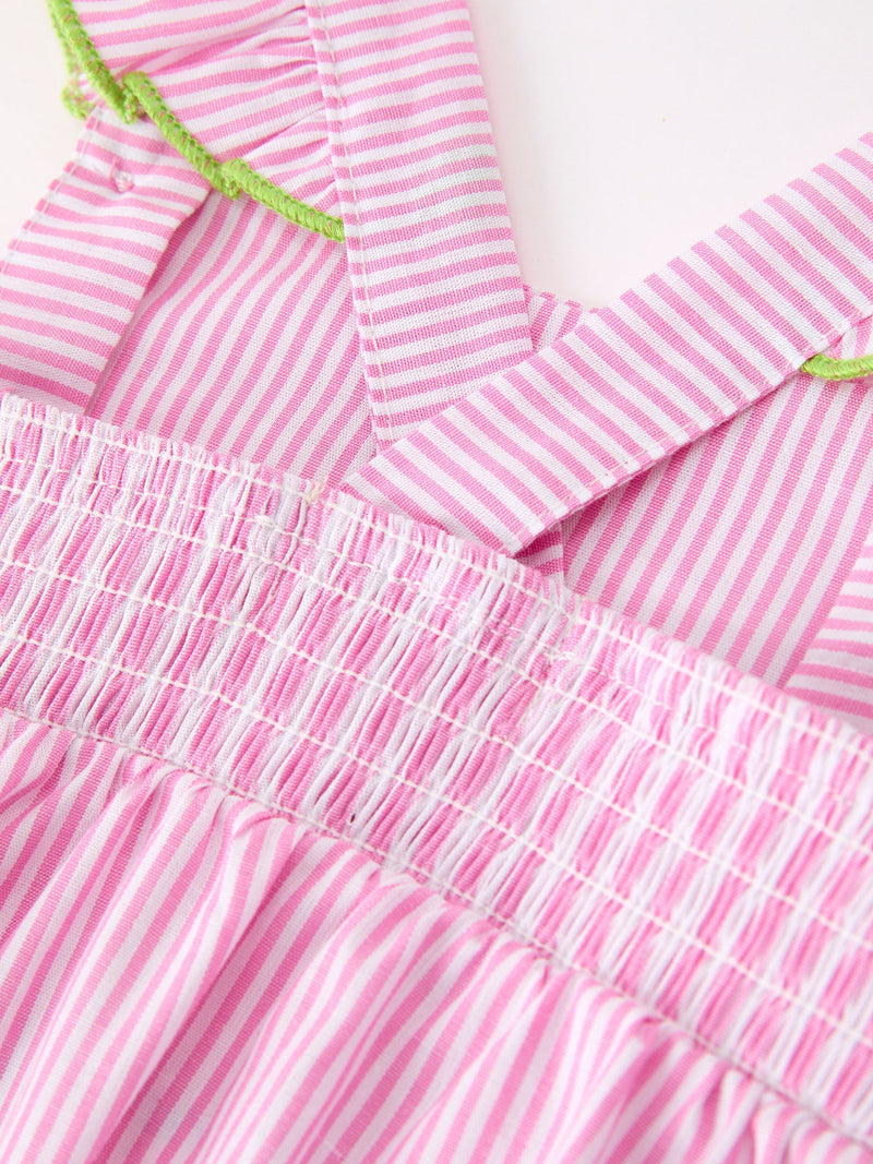 Turtle Girls Romper Pink Stripe Ruffle Strap Smocked - 9