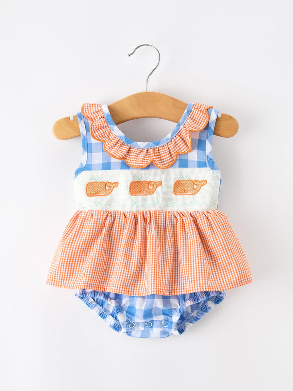 Whale Embroidered Girls Romper with Ruffles