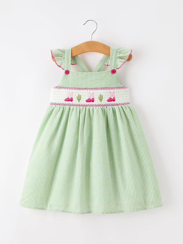 Western Boots & Cactus Smocked Girls Dress