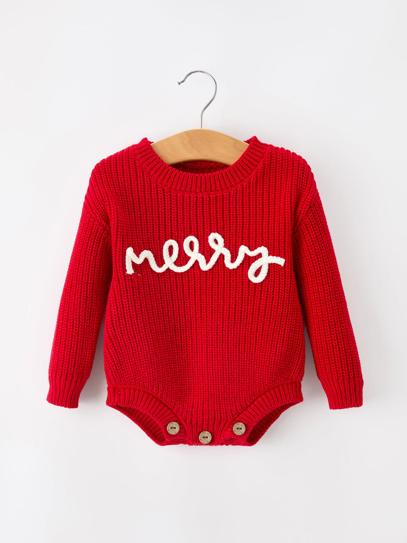 Red Christmas Girls “merry” Knit Baby Romper - 1