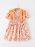 Peach Bow Smocked Floral Girl Dress - 7