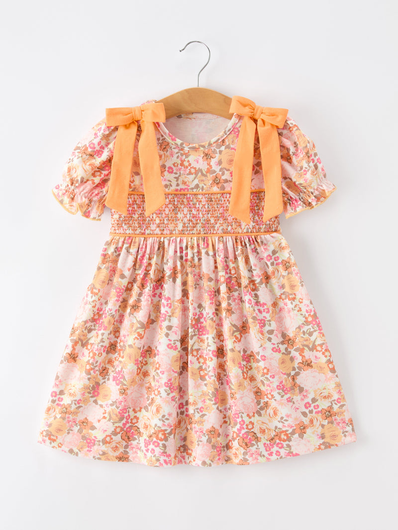Peach Bow Smocked Floral Girl Dress - 7