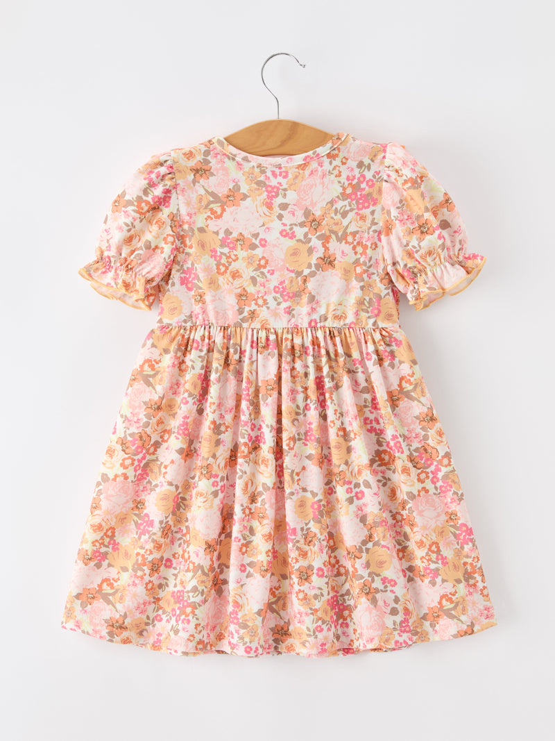 Peach Bow Smocked Floral Girl Dress - 8