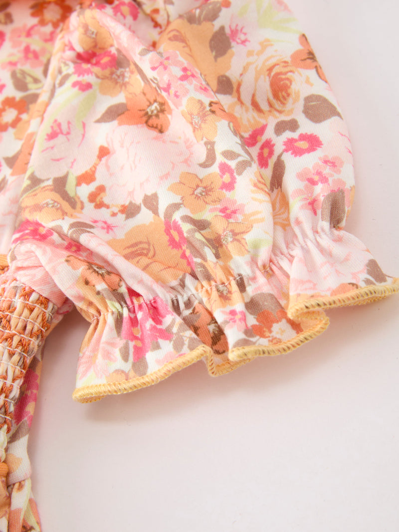 Peach Bow Smocked Floral Girl Dress - 10