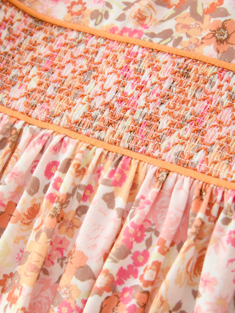 Peach Bow Smocked Floral Girl Dress - 11