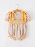 Yellow Bow Smocked Floral Baby Bubble - 1
